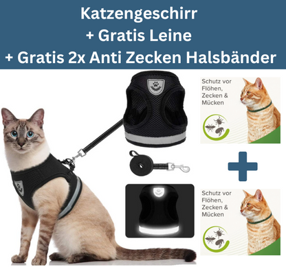 2-in-1 Katzengeschirr inkl. Gratis Leine + 2x Gratis Anti Zecken Halsbänder für Katzen