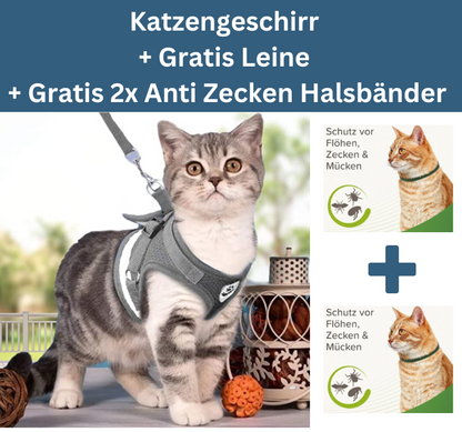 2-in-1 Katzengeschirr inkl. Gratis Leine + 2x Gratis Anti Zecken Halsbänder für Katzen