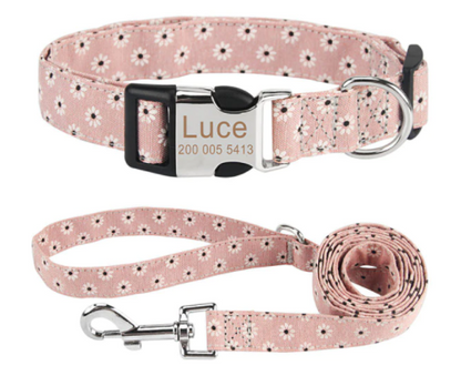  Personalisiertes Hundehalsband mit Leine - mit Name & Tel.-Nr. bedruckt_rosa_blumenstil