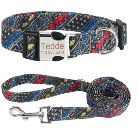  Personalisiertes Hundehalsband mit Leine - mit Name & Tel.-Nr. bedruckt_schwarz