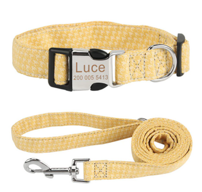  Personalisiertes Hundehalsband mit Leine - mit Name & Tel.-Nr. bedruckt gelb kariert