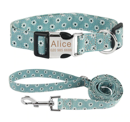  Personalisiertes Hundehalsband mit Leine - mit Name & Tel.-Nr. bedruckt gruen blumenstil