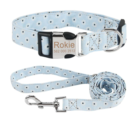  Personalisiertes Hundehalsband mit Leine - mit Name & Tel.-Nr. bedruckt hellblau blumenstil
