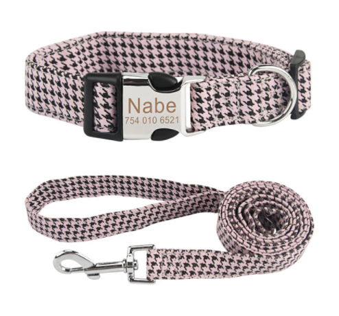  Personalisiertes Hundehalsband mit Leine - mit Name & Tel.-Nr. bedruckt lila kariert