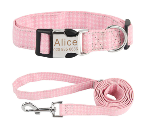  Personalisiertes Hundehalsband mit Leine - mit Name & Tel.-Nr. bedruckt rosa kariert