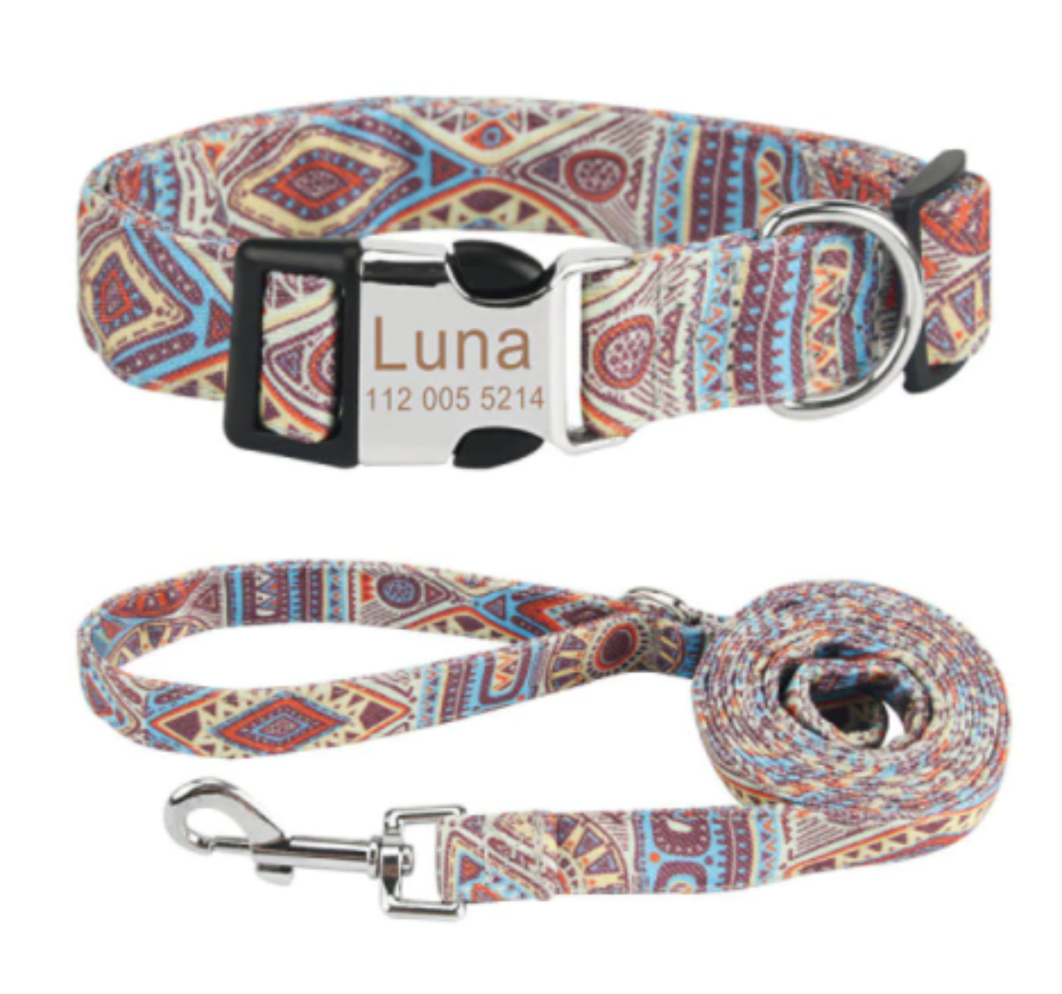  Personalisiertes Hundehalsband mit Leine - mit Name & Tel.-Nr. bedruckt boho