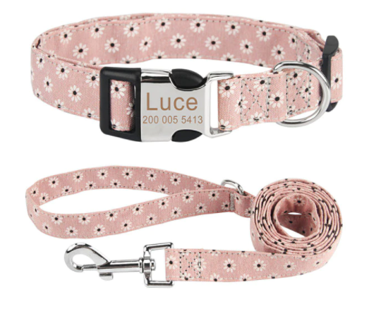 Personalisiertes Hundehalsband mit Leine - mit Name & Tel.-Nr. bedruckt rosa blumenstil